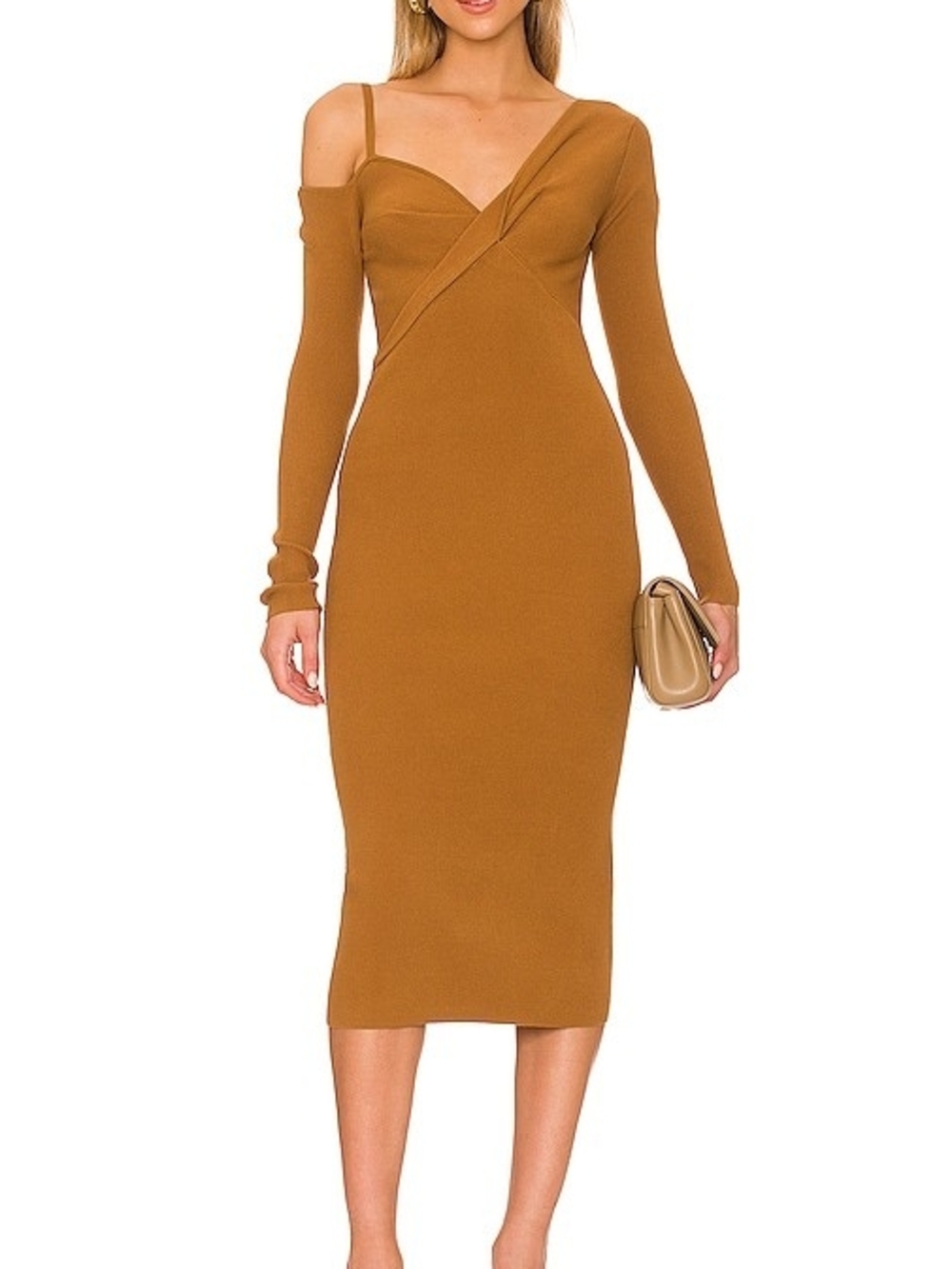 Asymmetric One-Shoulder Ribbed Midi Dress - Camel